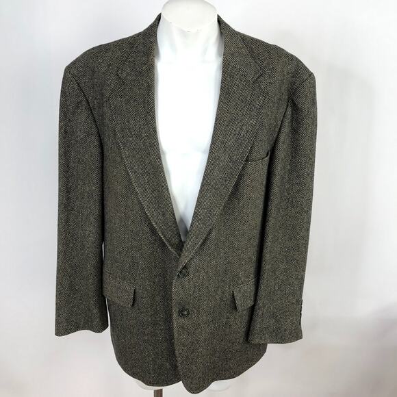 Lands' End Lambswool Herringbone 48 R Sport Coat Jacket Black Beige - Picture 1 of 15